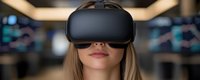 Young woman wearing virtual reality headset with slight smile against blurred tech background, modern VR gaming and entertainment concept.