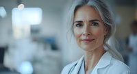 Confident mature female doctor with gray hair and white coat smiling warmly in hospital corridor. Professional medical portrait with soft bokeh background.