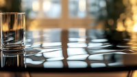 Empty glass on reflective dark surface with golden bokeh lights creates dramatic atmosphere. Minimalist composition with selective focus and light play.