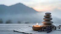 Zen meditation setup with stacked stones, burning candle and lavender on wooden surface against misty mountain landscape at sunset for wellness concepts.