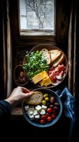 Rustic Mediterranean appetizer bowls with cheese, prosciutto, olives and fresh microgreens by window. Moody natural lighting creates dramatic food photography.