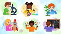 Children exploring science through hands-on experiments and discovery activities in colorful educational setting for learning materials.