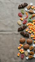 Halloween candy assortment with chocolate pumpkins, candy corn, gummy skulls and bat chocolates scattered on linen fabric background for seasonal celebrations.