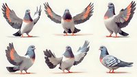 Urban pigeons in various poses with spread wings and standing positions, perfect for wildlife illustrations and city bird designs.