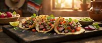 Three seasoned tacos with meat, fresh vegetables, and cilantro garnish served on a dark slate board in warm restaurant lighting, ready for dining and food service use.