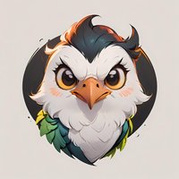 Expressive cartoon owl character with distinctive facial features and colorful feathers in circular frame. White fluffy chest and orange-tipped crest against teal plumage.