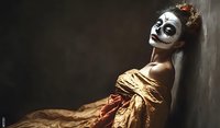 Woman in gold dress with traditional Mexican Day of the Dead skull makeup and flower crown poses dramatically against dark wall in atmospheric lighting.