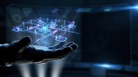 Hands presenting holographic blockchain network with glowing nodes and connections in futuristic digital technology concept for cryptocurrency and data visualization.