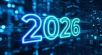 Glowing neon 2026 numbers floating over futuristic digital cityscape with blue lights and circuit board patterns for New Year celebration concepts.