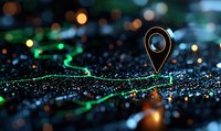 Glowing location pin marker on digital map with green navigation path and bokeh lights in dark background. Concept for GPS tracking and navigation.