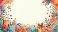 Colorful shopping bags and gift boxes with stars, leaves, and decorative elements frame a cream background. Isolated design ready for retail, holiday marketing, and promotional materials.