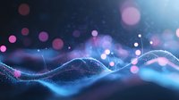 Digital wave pattern with glowing particles and bokeh lights in blue and pink colors against dark background, creating futuristic technology visualization.