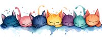 Colorful sleeping cat heads arranged in row with watercolor splashes and dreamy expression, cute kawaii style illustration for children room decoration.
