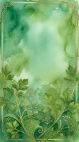 Watercolor botanical frame with ornate gold borders and decorative foliage elements on soft green background, suitable for invitations, greeting cards, and elegant design projects.
