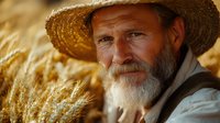 Senior Caucasian farmer with gray beard wearing straw hat examines golden wheat stalks at sunset, warm sunlight illuminates agricultural scene showing farming expertise.