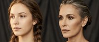 Young and mature Caucasian women with natural makeup and braided hairstyles showcasing skincare and beauty concepts for cosmetic advertising.