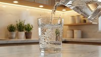 Water pouring into glass on kitchen counter with potted plants and warm lighting, suitable for health, wellness, and lifestyle design projects.