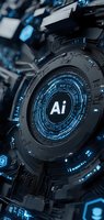 Futuristic circular interface with AI symbol glowing in blue against dark technological background, representing artificial intelligence concept.