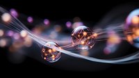 Glowing spheres with light trails on dark background, abstract energy waves and luminous orbs creating futuristic technological pattern with bokeh effect.