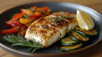 Grilled fish fillet with colorful bell peppers, zucchini and fresh herbs on dark plate. Healthy Mediterranean cuisine for restaurant menu and cooking content.