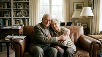 Happy senior Caucasian couple embracing on leather sofa in cozy home library with bookshelves, warm lighting for retirement lifestyle content.