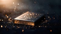 Mysterious old book with magical glowing particles floating in dark atmosphere, golden bokeh lights creating ethereal ambiance against black background.