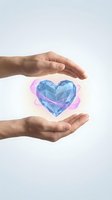 Protective hands surrounding glowing blue crystal heart with pink energy waves symbolizing love care and emotional wellness on white background.