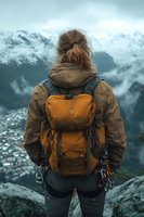 Young woman with orange backpack standing on mountain peak overlooking snowy alpine landscape in moody weather conditions, rear view perspective.