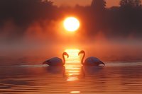Pair of graceful swans swimming in misty lake at sunrise, creating heart shape silhouette against golden sun reflection on calm water surface.