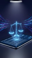 Digital justice scales hologram emerging from tablet with binary code streams in futuristic courtroom setting for legal technology and cyber law concepts.