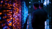 Young male looking at glowing digital visualization wall with blue and orange light dots, representing data analytics and modern technology in dark environment.