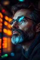 Mature bearded man in glasses illuminated by vibrant neon lights creating dramatic cyberpunk atmosphere, profile view against urban night background with bokeh effects.