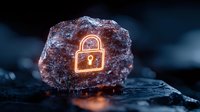 Glowing orange padlock icon on raw crystal stone against dark background, symbolizing digital security and blockchain technology concepts.