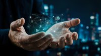 Mature male hands holding glowing digital globe with network connections and data visualization, representing global technology, connectivity, and business innovation for corporate and tech concepts.