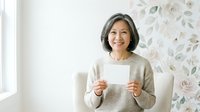 Middle-aged woman with gray hair and Asian ethnicity, wearing a beige sweater, holding a blank white card or paper in front of her chest, smiling at camera in bright interior with floral wallpaper.