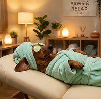 Relaxed dachshund dog wearing mint green spa robe with cucumber eye mask lying on massage table in wellness center with warm ambient lighting and plants.