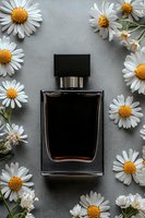 Elegant fragrance bottle surrounded by fresh daisies on gray background, creating luxurious composition for beauty and cosmetic advertising.