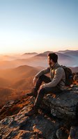 Young Caucasian male hiker with beard sits on mountain summit at golden sunset, gazing over misty layered peaks with backpack beside him.