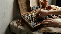 Artist hands working with professional drawing pencils in wooden box, creative workspace with clay pots and art supplies for sketching and illustration projects.