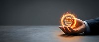 Businessman hand holding glowing digital rights badge with flame effects on dark background for legal protection and intellectual property concepts.