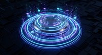 Futuristic holographic portal with glowing neon circles and digital particles on dark tech background for sci-fi designs and technology concepts.