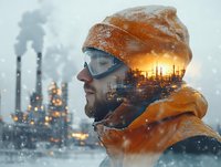 Double exposure portrait of Caucasian male worker in safety glasses and winter jacket combined with industrial refinery plant at night during snowfall.