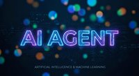 Neon AI Agent text with glowing blue and purple letters on dark tech background with colorful bokeh lights for artificial intelligence presentations.