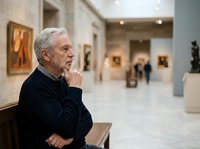 Senior man with gray hair and Caucasian ethnicity sitting contemplatively in art gallery, wearing dark sweater, viewing paintings and sculptures in museum setting for cultural and leisure concepts.