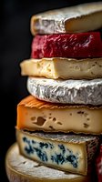 Stack of artisanal cheese varieties including blue cheese, brie, cheddar and goat cheese on dark background for gourmet food photography and culinary content.