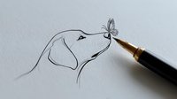 Minimalist line drawing of dog profile with butterfly on nose, created with fountain pen on textured paper. Gentle artistic expression shows tender moment.
