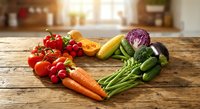 Fresh organic vegetables arranged on rustic wooden table in bright kitchen. Colorful harvest includes tomatoes, carrots, corn, cabbage for healthy cooking and meal prep.