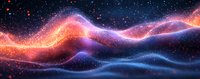 Abstract cosmic wave formation with glowing orange and blue light trails against starry dark background, dynamic energy flow visualization for modern design.