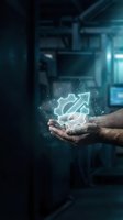 Businessman hands holding glowing gear and arrow icons representing growth, innovation and industrial progress in modern factory setting.
