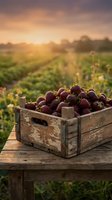 Fresh strawberries in rustic wooden crate on farm table during golden hour sunset with vineyard rows and countryside landscape in soft focus background.